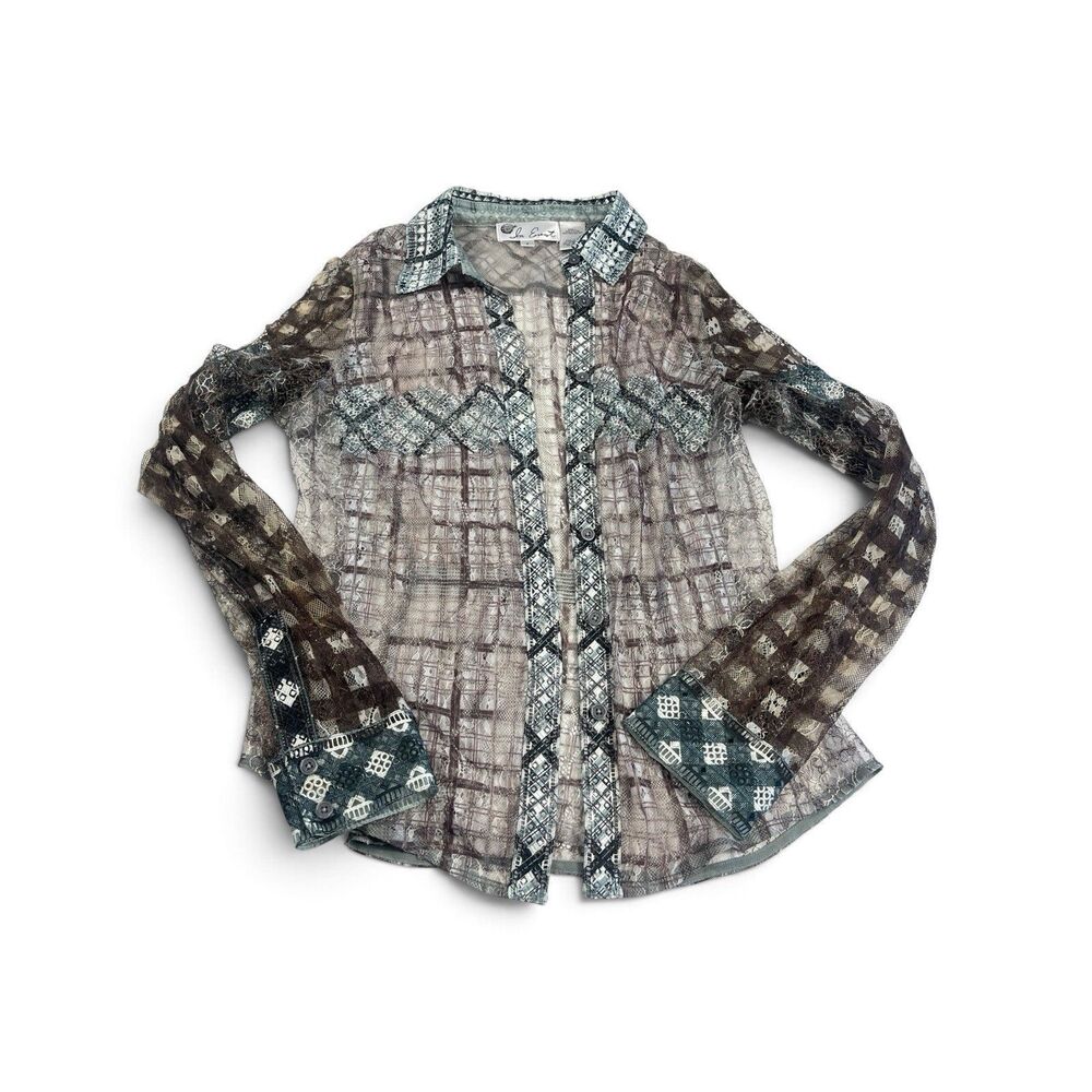 In Earnest Boutique Lace Blouse Open Front Patchwork Sheer Lightweight Y2K Top 4